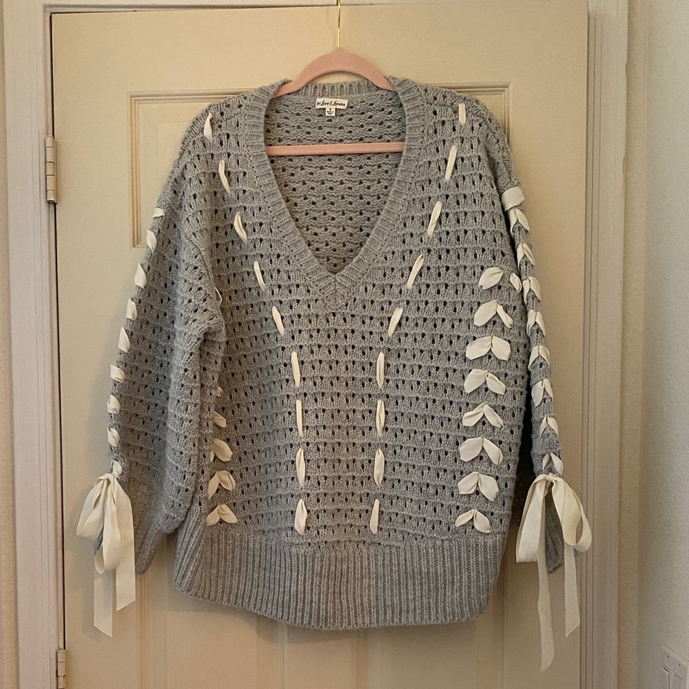 NWOT For Love & Lemons Liberty Gray and Cream Ribbon V-Neck Sweater